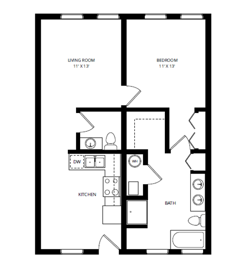 Floor plan for 1 bed, 1.3 baths, 830 sqft